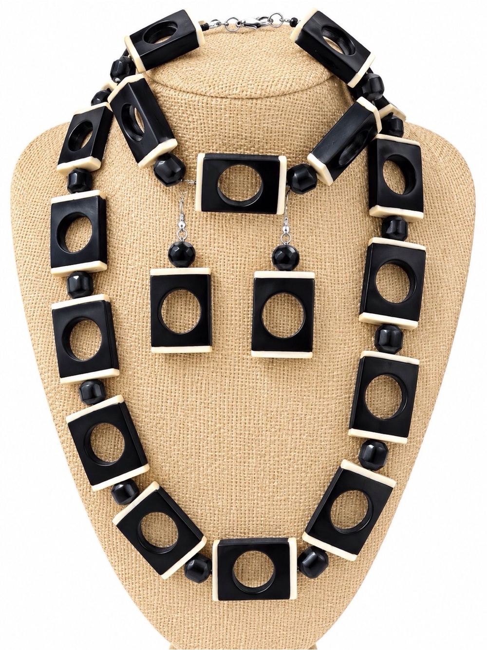 Black and Cream Geometric Statement Necklace Set - Women